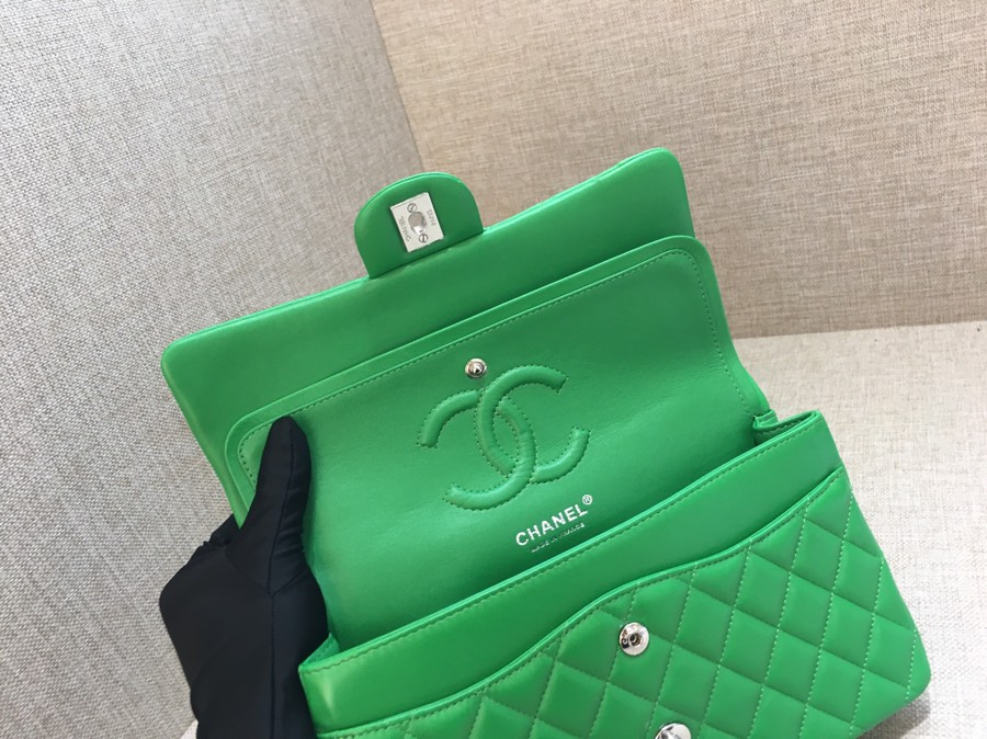 Medium Classic Flap Lambskin Bag AO1112 Green/Silver